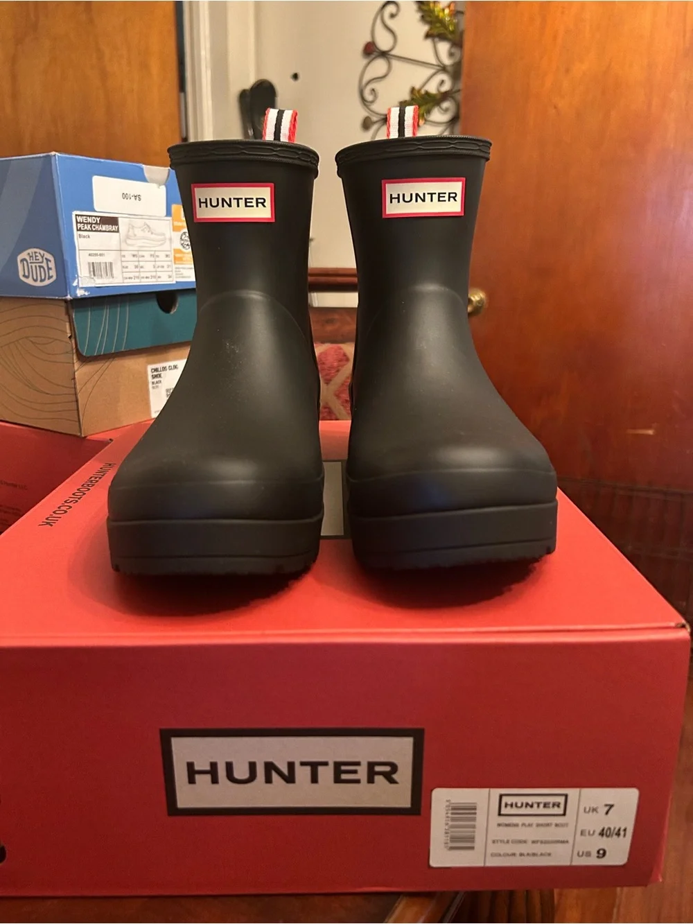 Hunter Matte Black Short Rain Boots with Red-Trim Pull Tabs